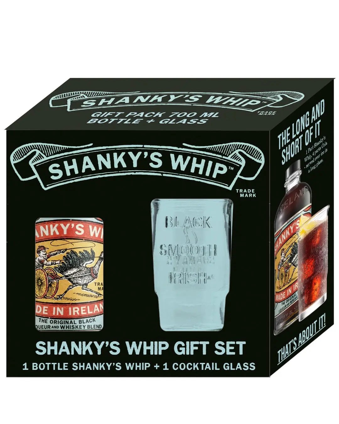 Black box gift pack featuring a 70 Cl bottle of Shanky's Whip Irish liqueur and a clear cocktail glass, with vibrant labels and a smooth, sleek design.
