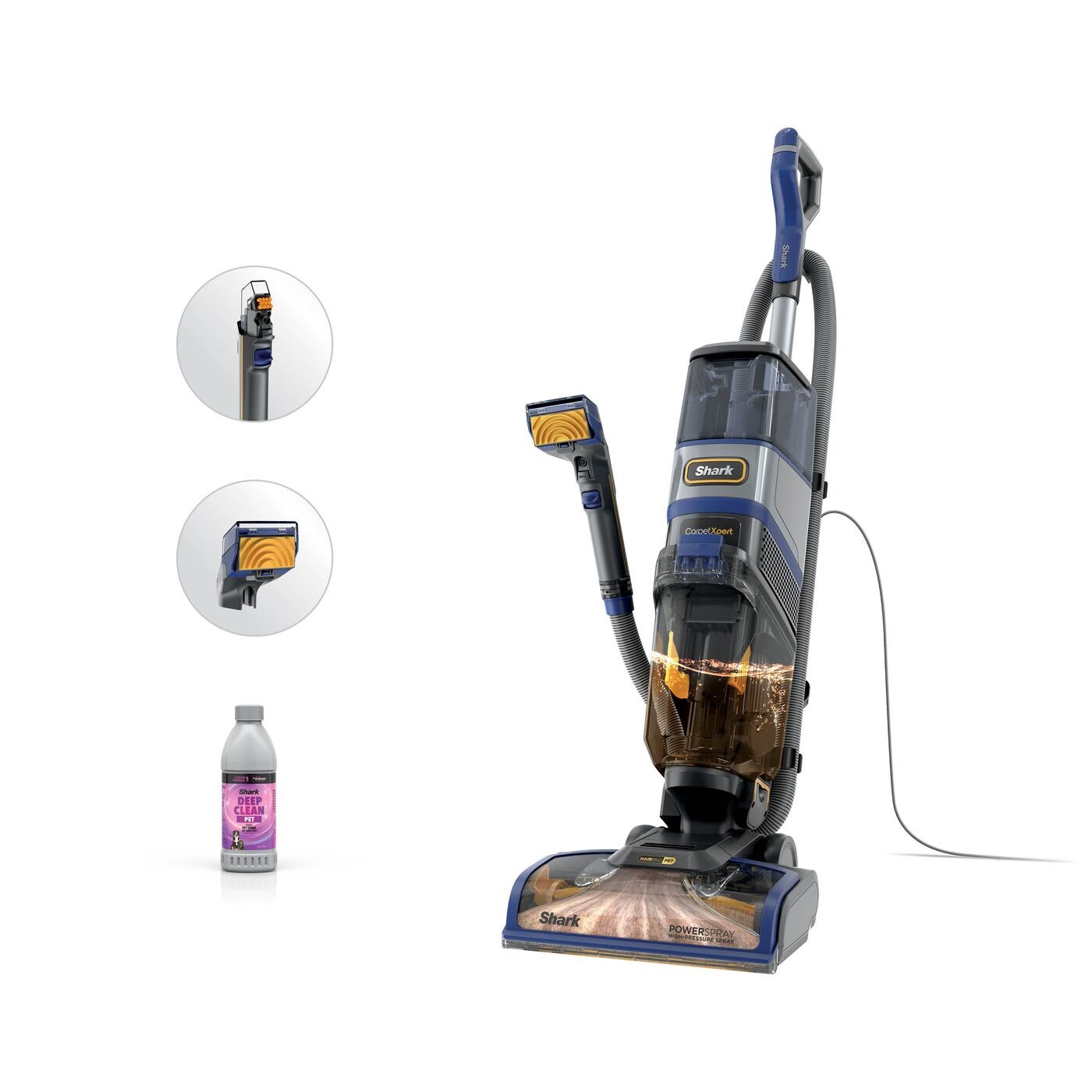 Shark CarpetXpert HairPro EX250UK in navy blue with a clear tank, featuring a detachable hand tool, and a bottle of cleaner, designed for effective pet hair removal.