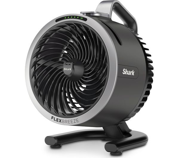 Compact black and silver Shark FlexBreeze HydroGo Misting Fan with a circular design, adjustable speed settings, and a sturdy base for stability.