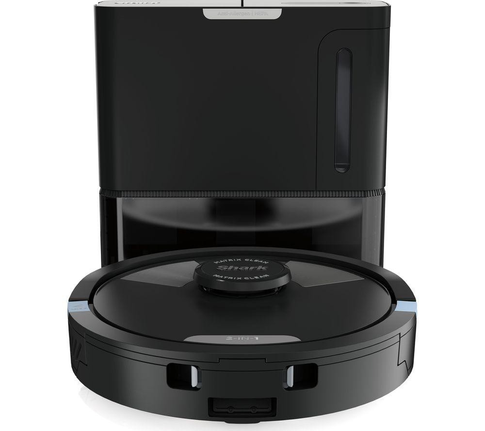 Black Shark Matrix Plus 2-in-1 robot vacuum and mop with a sleek design, featuring a self-emptying base and circular cleaning unit, highlighted by blue accents.