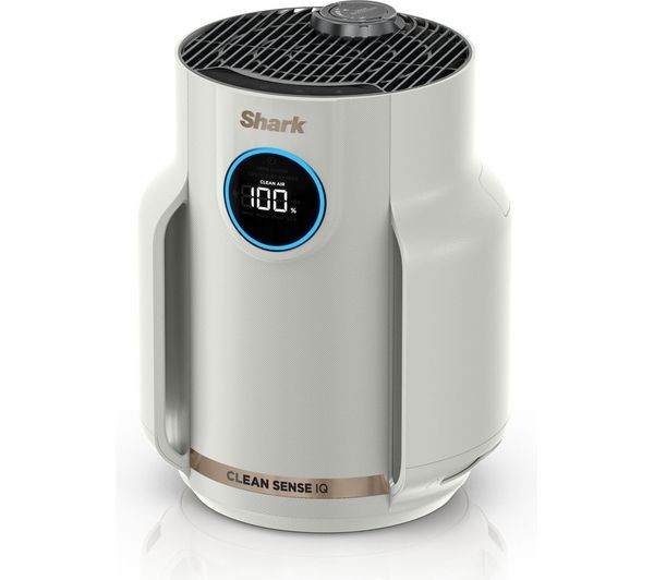 Compact white air purifier with a sleek design, featuring a digital display showing air quality, a circular control panel, and a "CLEAN SENSE IQ" label on the front.