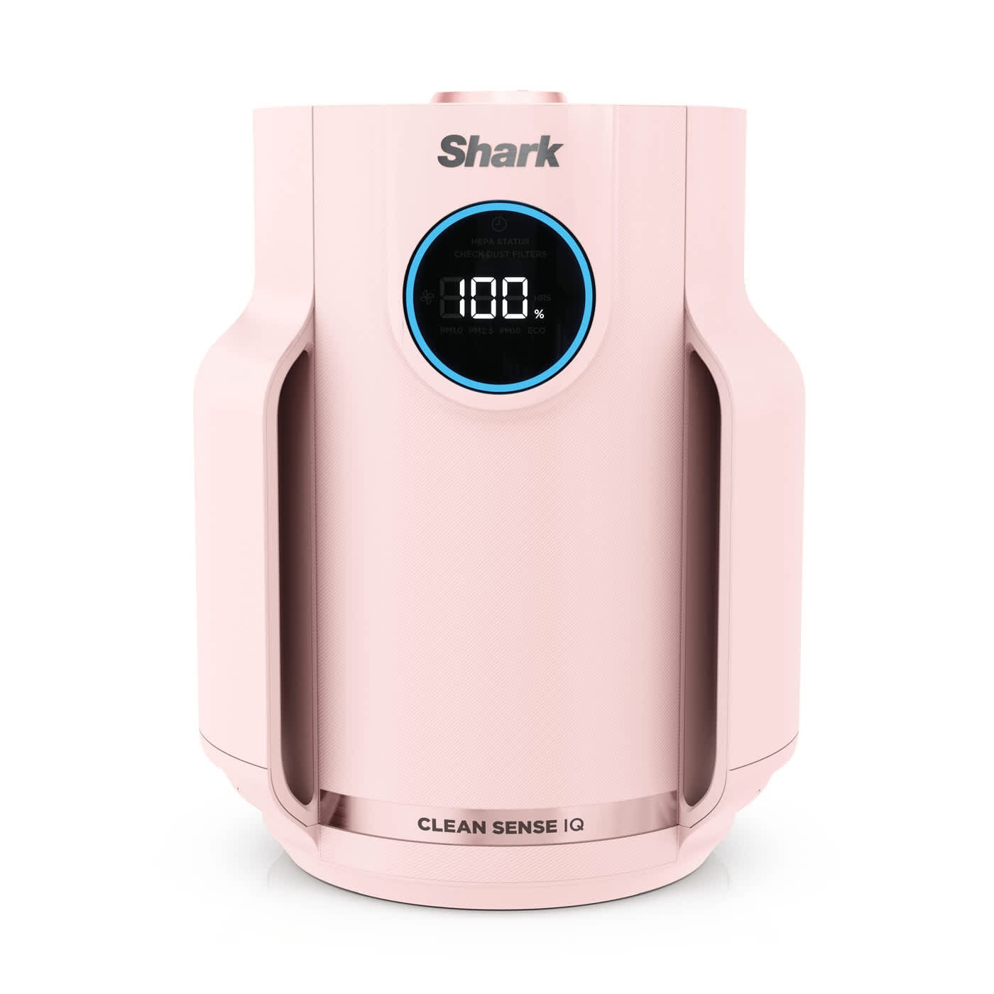 Compact pink air purifier with a digital display showing 100%, featuring ergonomic handles and "CLEAN SENSE IQ" branding on the front.