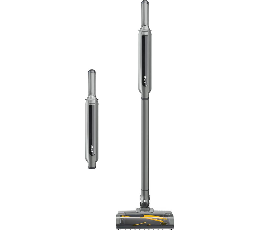 Cordless handheld vacuum in sleek gray with a detachable wand, featuring anti-hair wrap technology and a compact design for easy storage and versatility.