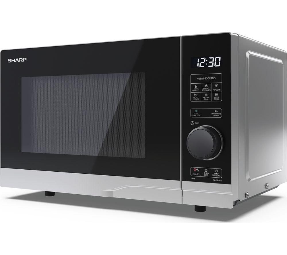 Sharp YC PS204AU S Microwave Oven in silver, featuring a sleek design, digital display, control panel with buttons and dial, and a 20L capacity with 700W power.