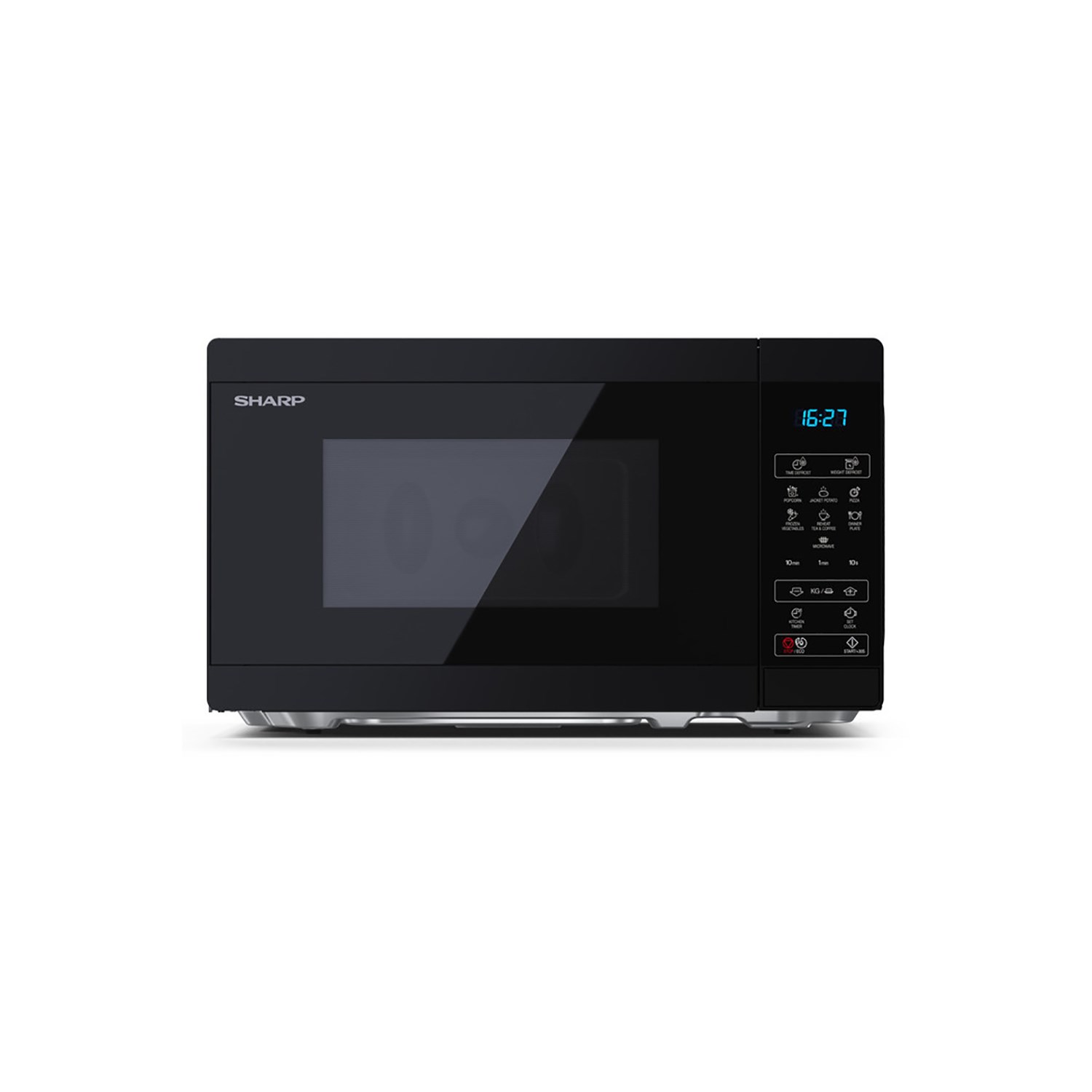 Sharp 20L solo microwave in sleek black, featuring a glass door, digital display, and control panel with buttons for easy operation.