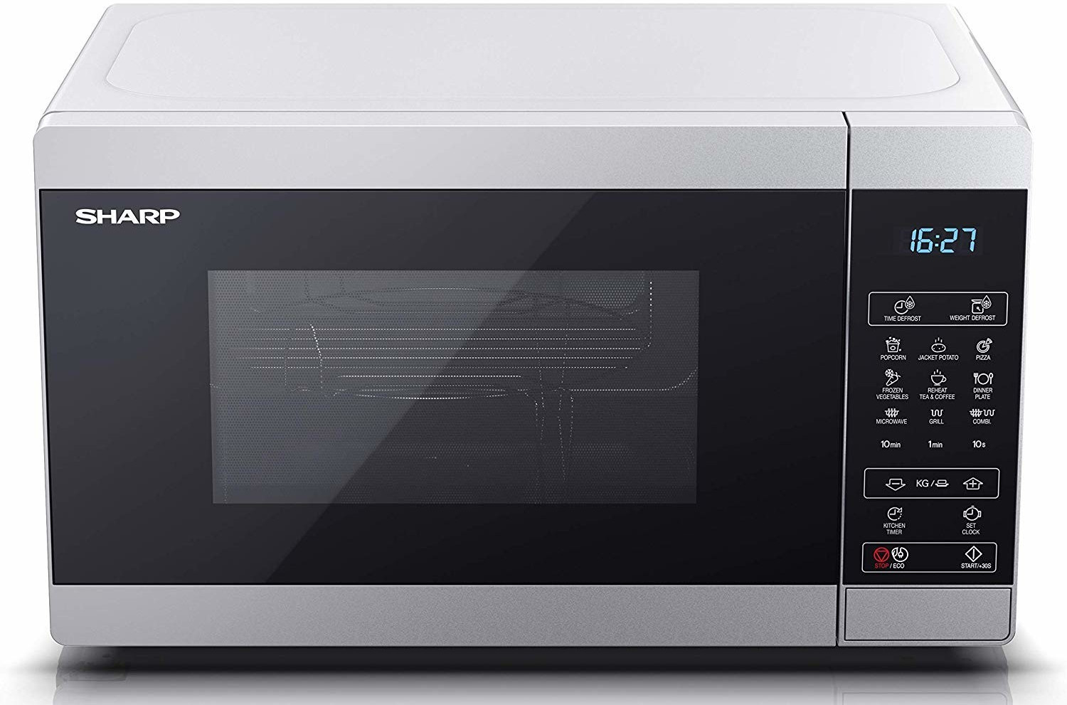 Silver Sharp 20L grill microwave with an 800W power rating, featuring a sleek design, digital control panel, and a transparent window displaying the interior.