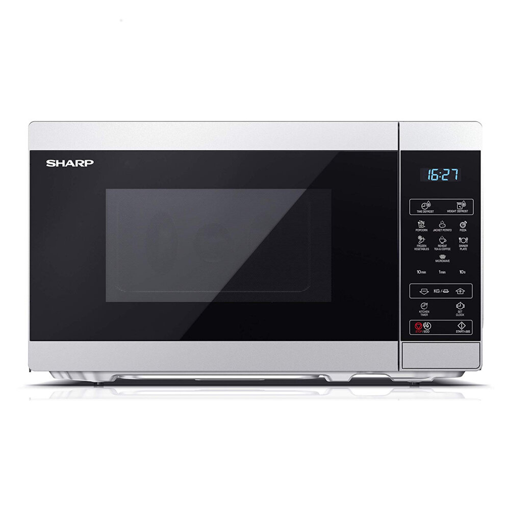 Sharp YC MS02U S Solo Microwave Oven in silver, featuring a sleek design, 20L capacity, 800W power, and a digital control panel with various cooking options.