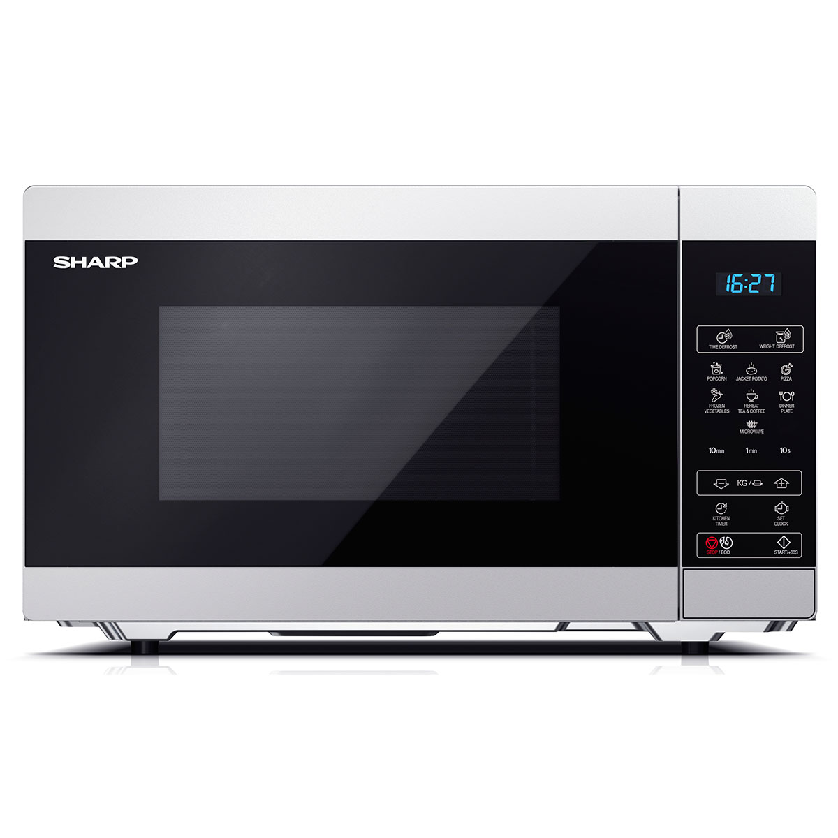 Silver microwave oven with a sleek black glass front, digital display, and touch control panel featuring various cooking options, 25L capacity, and 900W power.