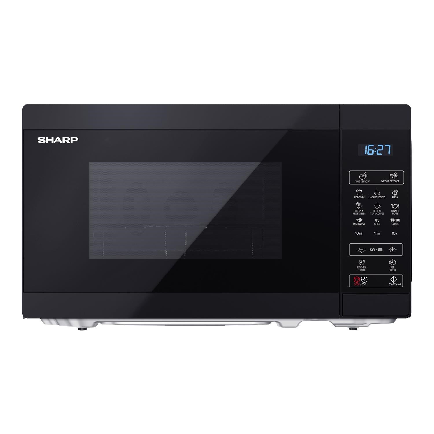 Black Sharp microwave with a sleek design, 20L capacity, 800W microwave power, 1000W grill feature, and touch control panel displaying time and settings.
