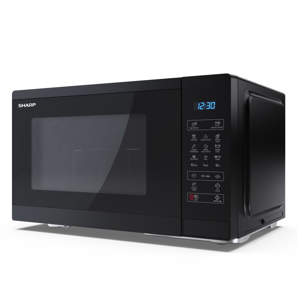 Sharp black microwave with a 25L capacity, 900W power, 1000W grill, featuring a digital display, control panel with buttons, and a sleek, modern design.