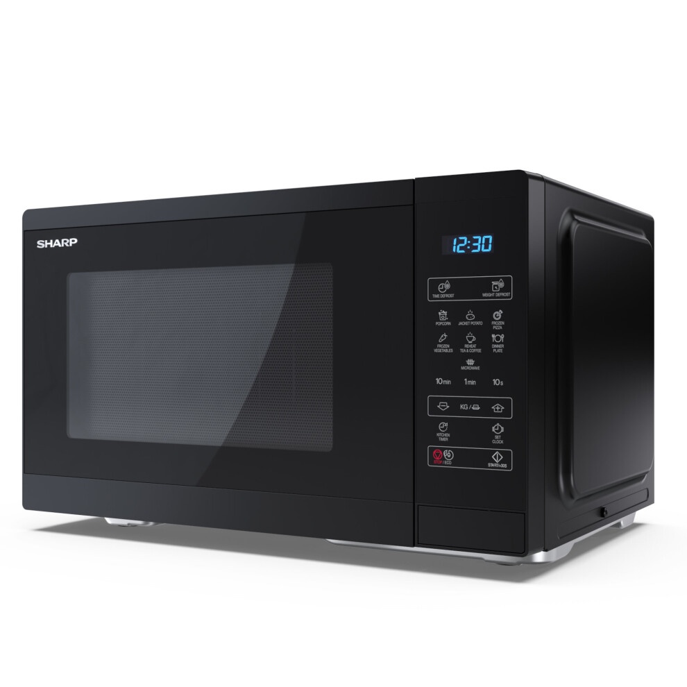 Freestanding black Sharp 25L digital solo microwave featuring a glass door, LED display, and control panel with various cooking settings and buttons.