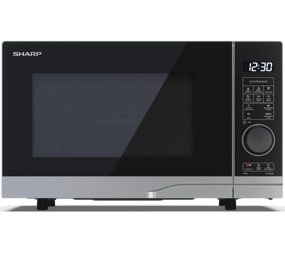 Sharp silver microwave oven with a 20L capacity, 700W power, 900W grill function, digital display, and control panel featuring various cooking options.