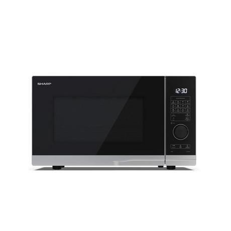 900W Sharp microwave with grill features a sleek silver and black design, 25L capacity, digital display, and control panel with buttons and a dial.