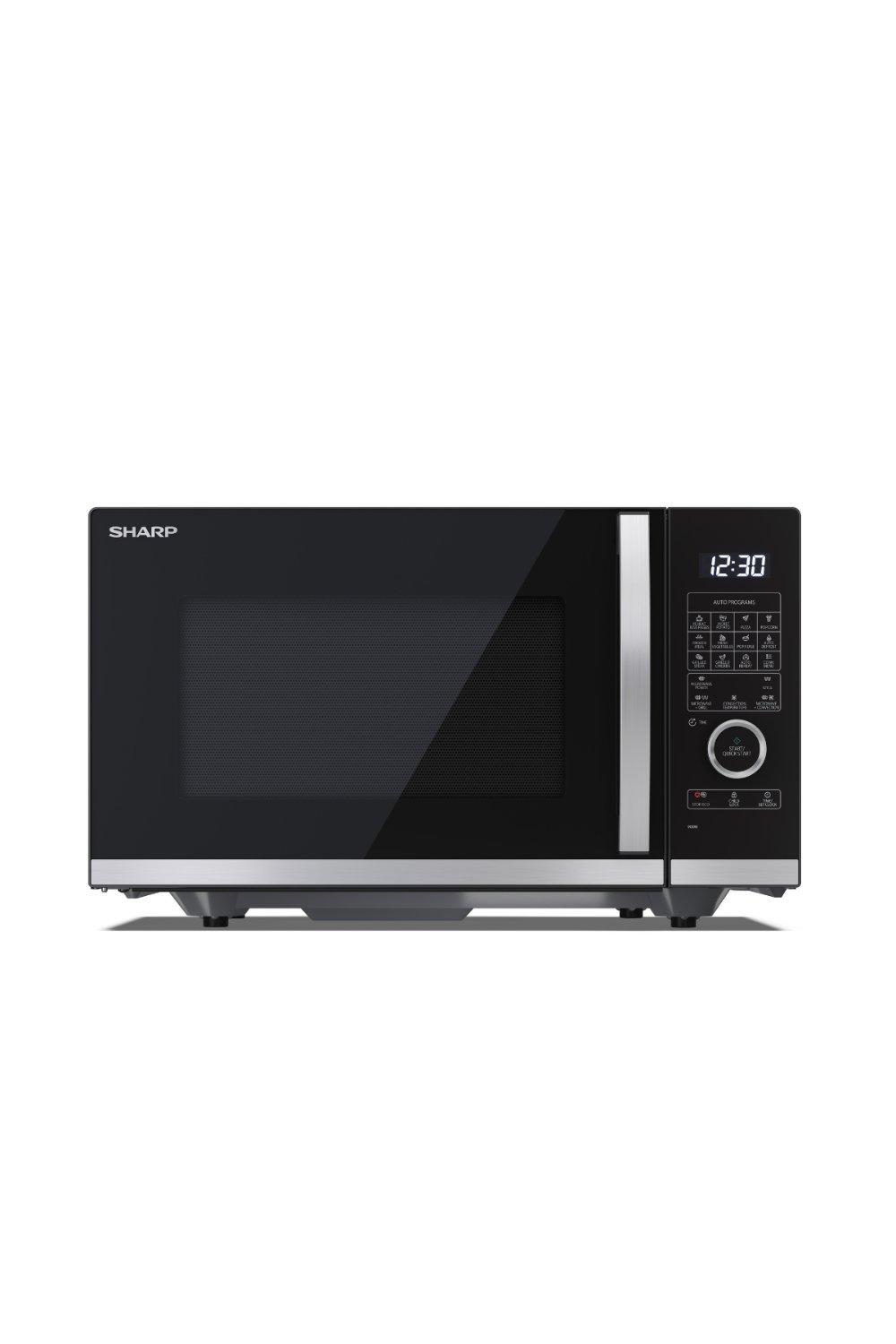 Sharp 25L combination flatbed microwave in sleek black with a stainless steel handle, digital display, and control panel featuring buttons and a dial.