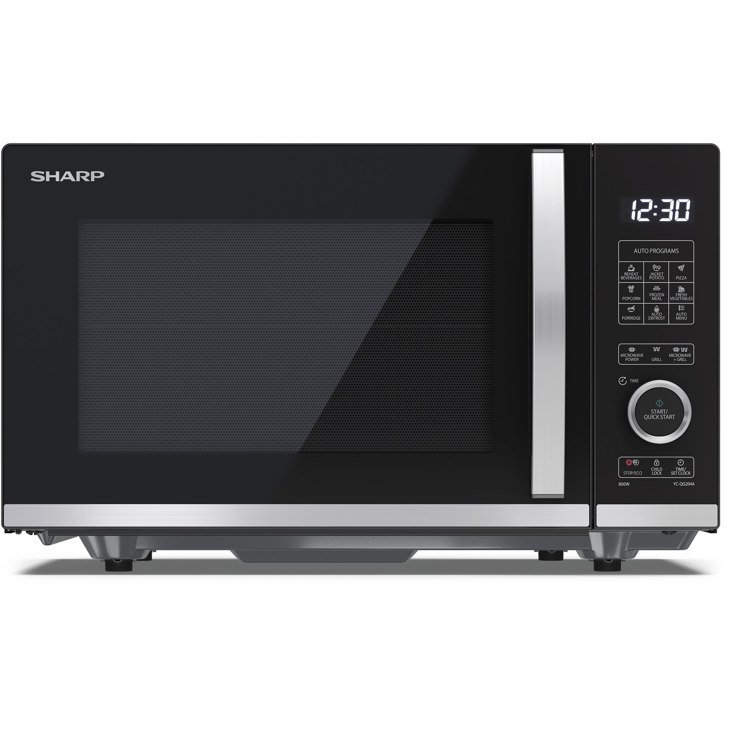 Black Sharp microwave oven with a sleek design, 20L capacity, 800W power, 1000W grill function, digital display, and control panel featuring various cooking options.