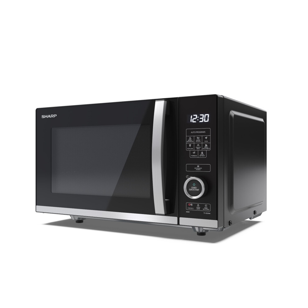 Black SHARP Quality Series YC-QS204AU-B solo microwave with a sleek design, stainless steel accents, digital display, and easy-to-use control panel.
