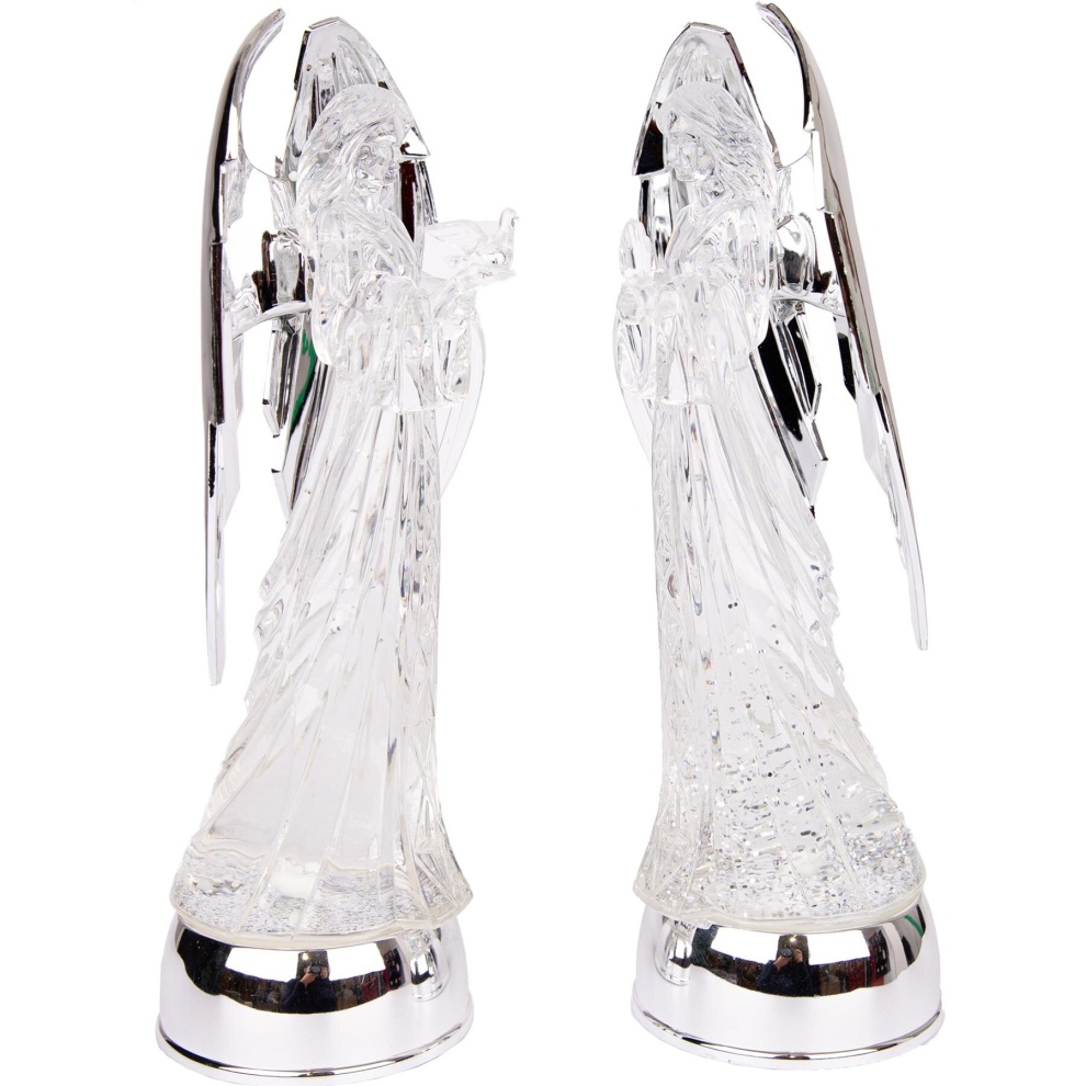 Clear acrylic angel figure with swirling glitter inside, silver accents, and a shiny base, creating a festive snowglobe effect.