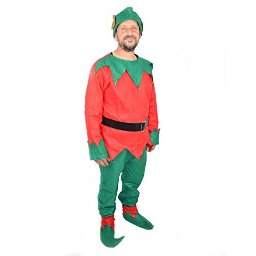 Bright red and green adult unisex Christmas elf costume featuring a tunic with pointed collar, matching pants, a black belt, and elf shoes with curled tips.