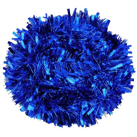 Bright blue chunky tinsel garland made of shiny, reflective material, designed for Christmas tree decoration, measuring 2 meters in length.