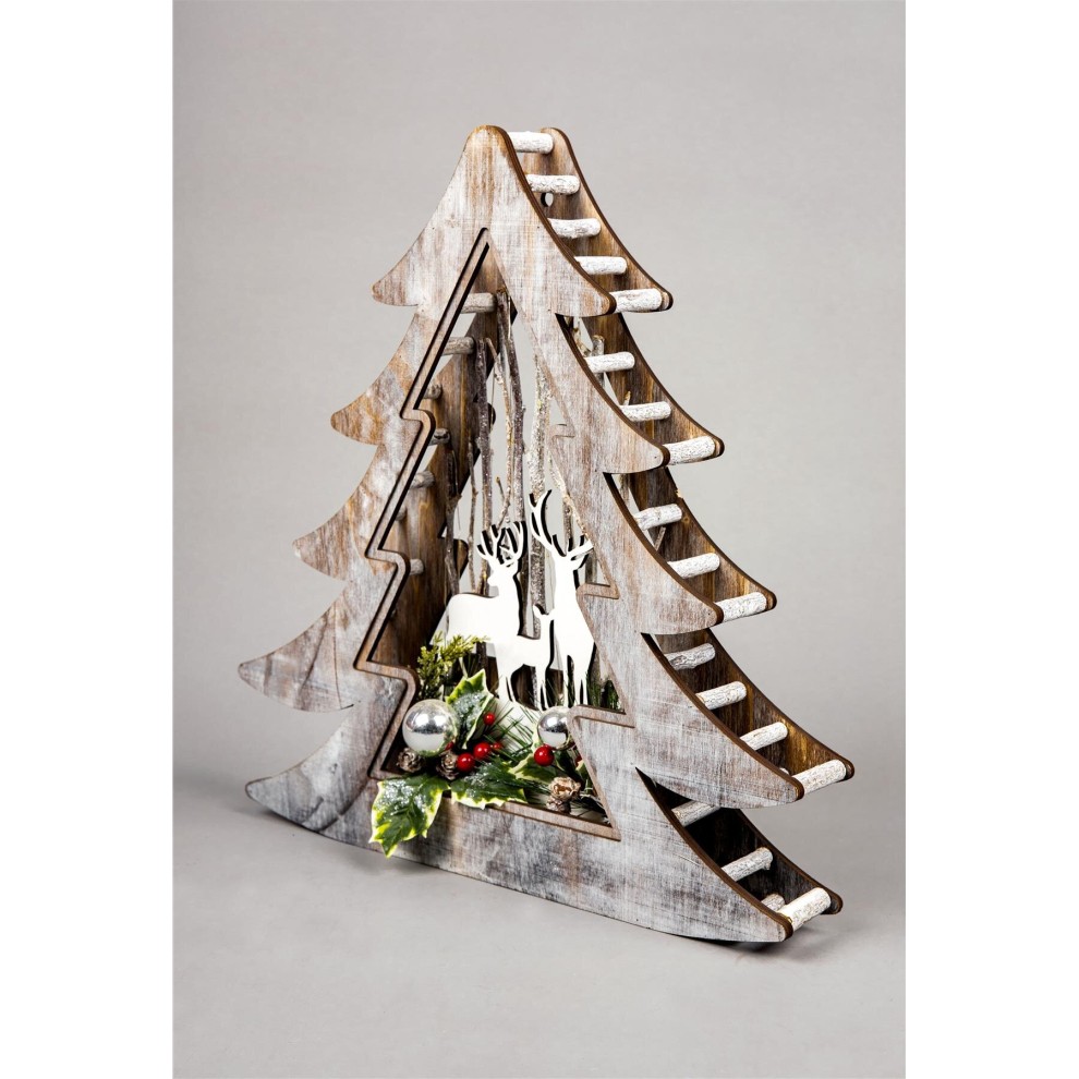 Shatchi LED Wooden Christmas Tree Reindeer Scene 48cm - image 4