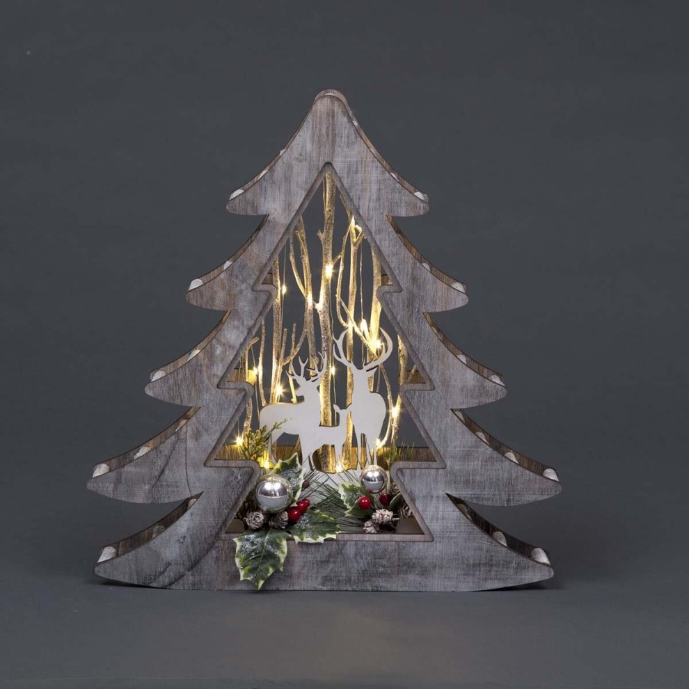 Wooden Christmas tree decor, 48cm tall, featuring a cut-out reindeer scene, warm LED lights, silver and red ornaments, and pinecone accents against a grey background.