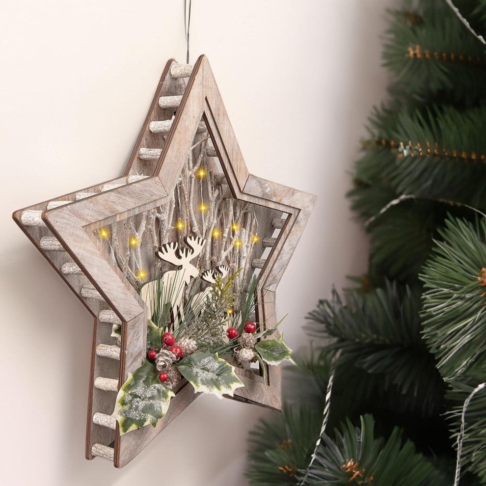 Shatchi LED Wooden Star Shape Reindeer Scene 38cm - image 3