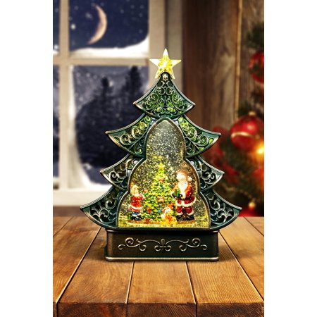 A decorative Christmas tree globe featuring Santa and a snowman, with swirling glitter, lights, and music, set against a cozy winter scene.