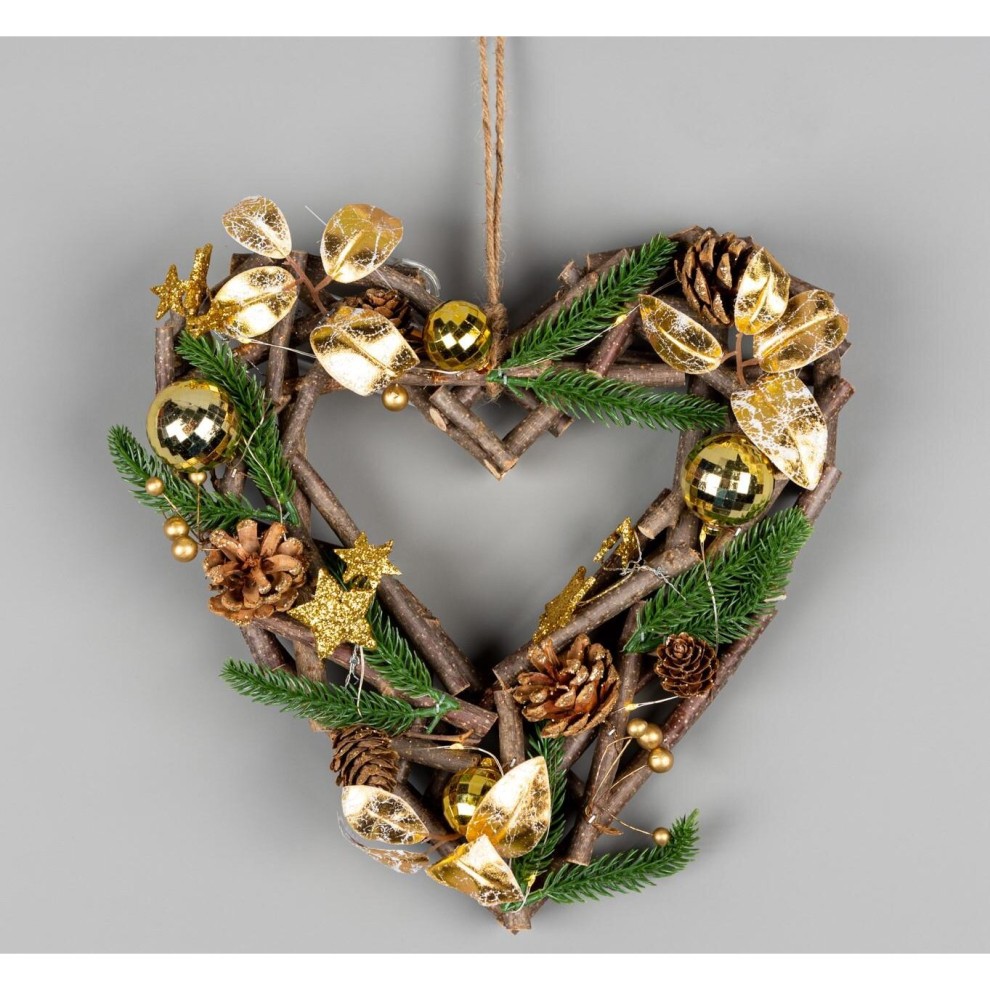 30cm heart-shaped wreath made of wooden twigs, decorated with gold ornaments, pinecones, faux greenery, and golden bows, featuring battery-operated lights.