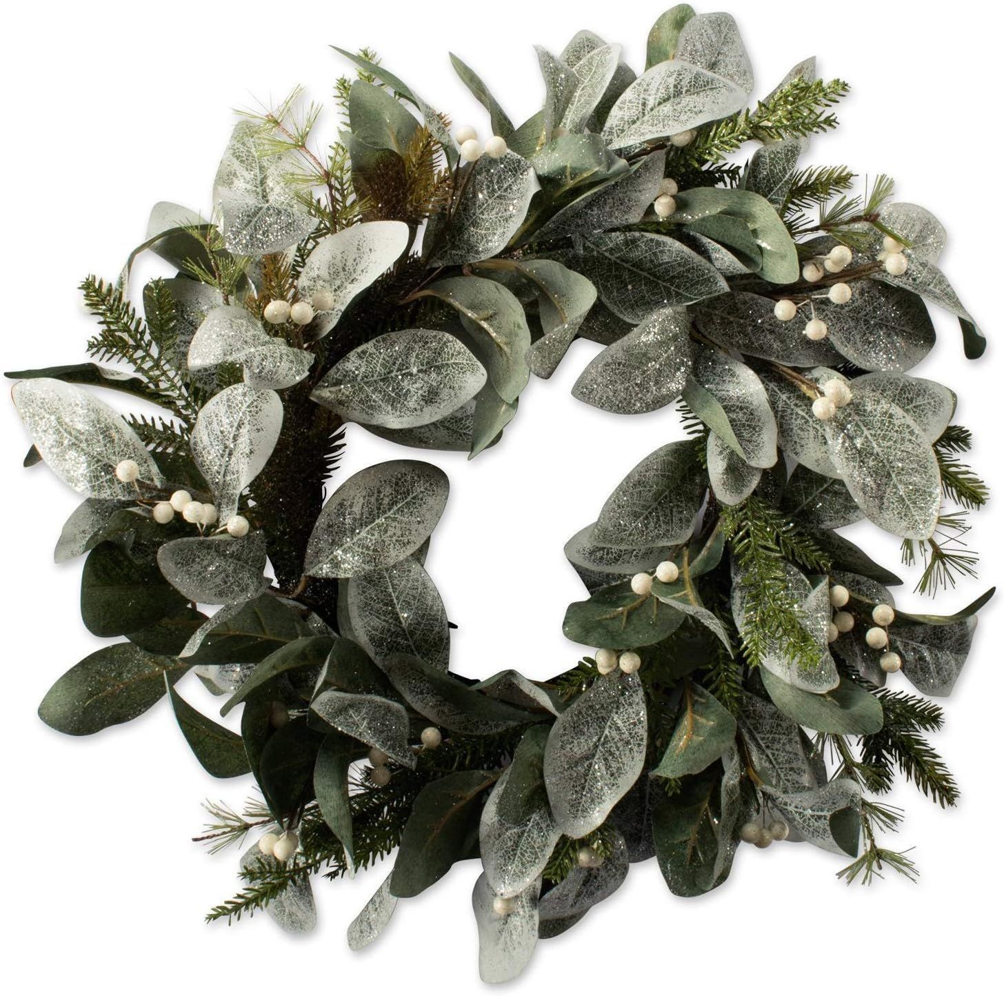 Shatchi Snowy Leaf White Berries and Glittered Flowers Wreath 55cm - image 4