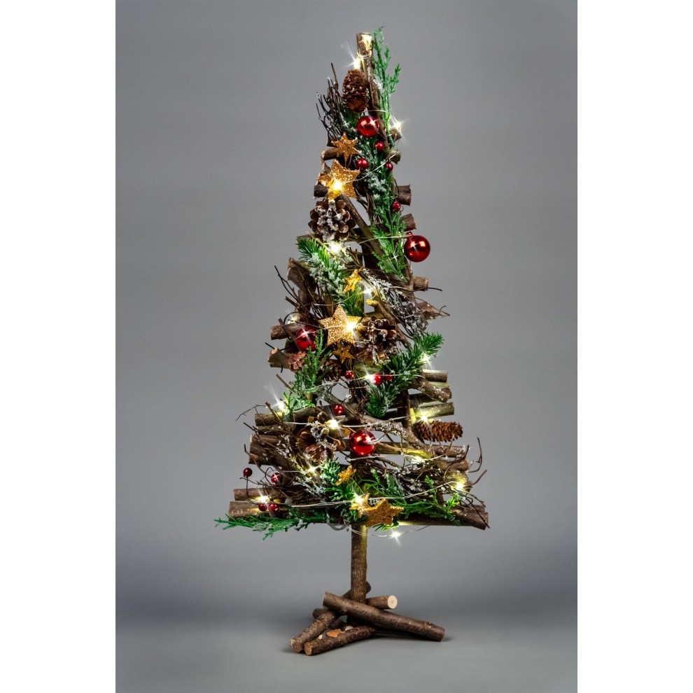 50cm LED twig wood tree in red and brown, featuring pinecones, green foliage, red baubles, and star decorations, illuminated with warm white lights.
