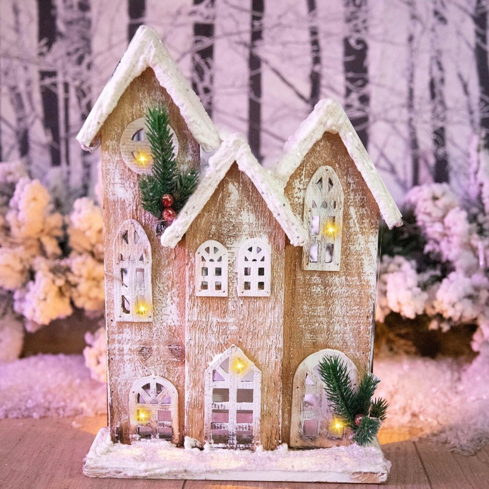 Shatchi Warm White LED Wooden House Snow Covered Cottage Village Decoration - image 3