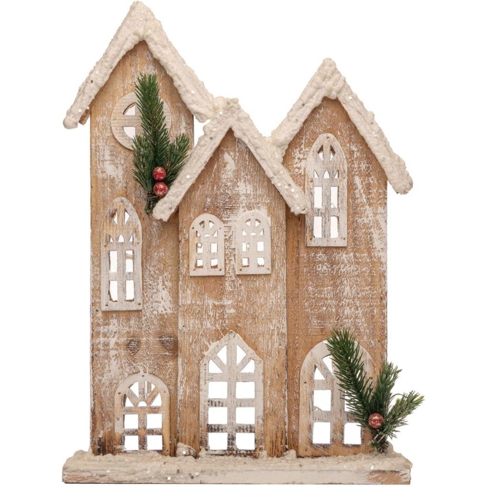 Rustic wooden house decoration with three peaked roofs, snowy white accents, green pine branches, and red berries, measuring 35cm, perfect for a festive tabletop centerpiece.