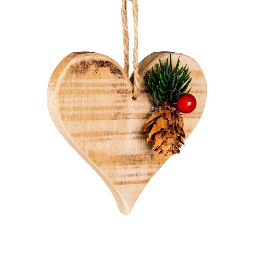 Heart-shaped wooden ornament featuring a natural finish, adorned with a small pinecone and red berry, hung by a jute twine for Christmas decoration.
