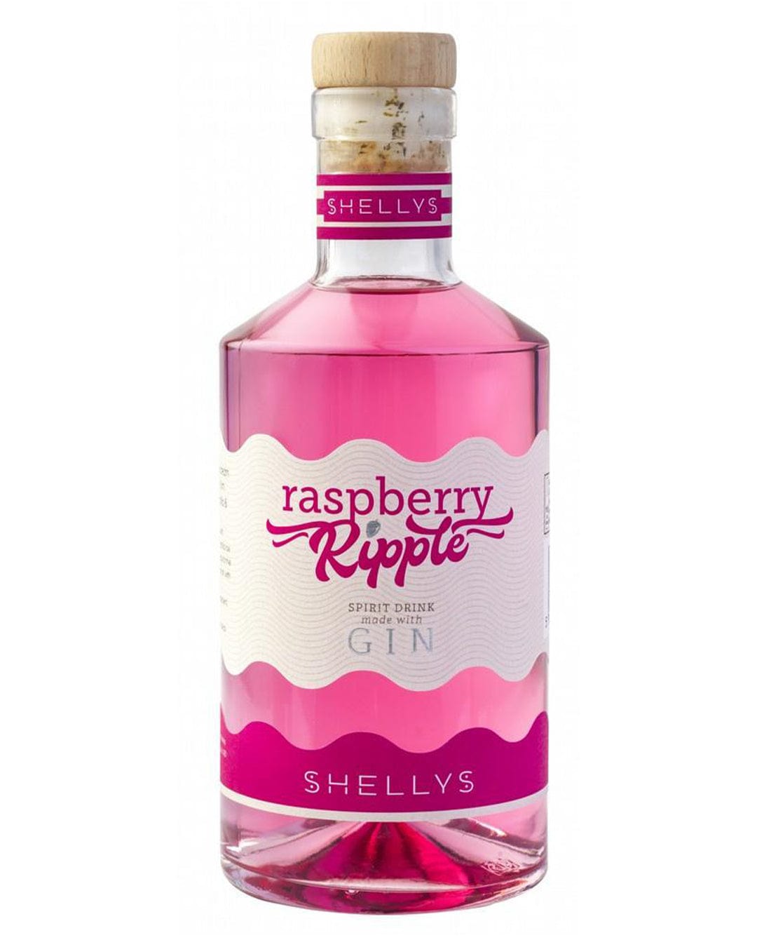 Clear glass bottle filled with vibrant pink raspberry ripple gin liqueur, featuring a wooden cork and a decorative label in pink and white with "Shelly's" branding.