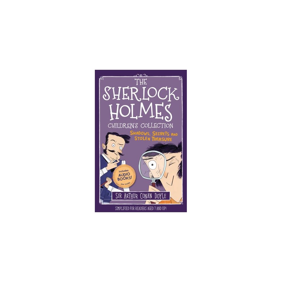 The book cover features a purple background with cartoon illustrations of Sherlock Holmes and a man, titled "The Sherlock Holmes Children's Collection" in bold white letters.