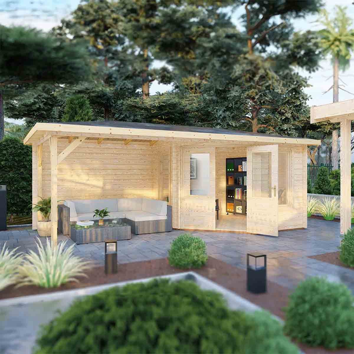 A wooden log cabin in light brown with a sloped roof, featuring large double doors, a cozy seating area outside, and surrounded by greenery and modern landscaping.