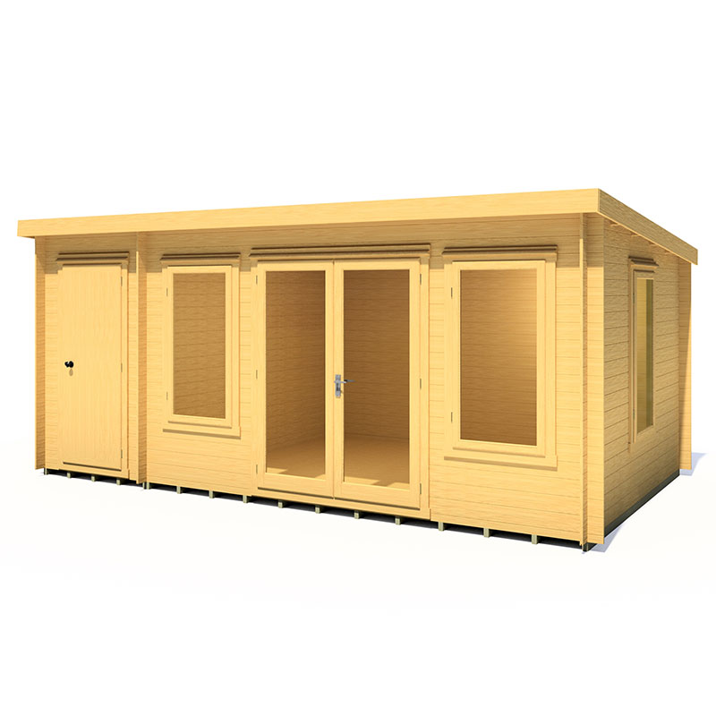 Light wood log cabin measuring 5.1m x 3m with a side shed, featuring large front windows, double doors, and a single door on the side, all in a natural finish.