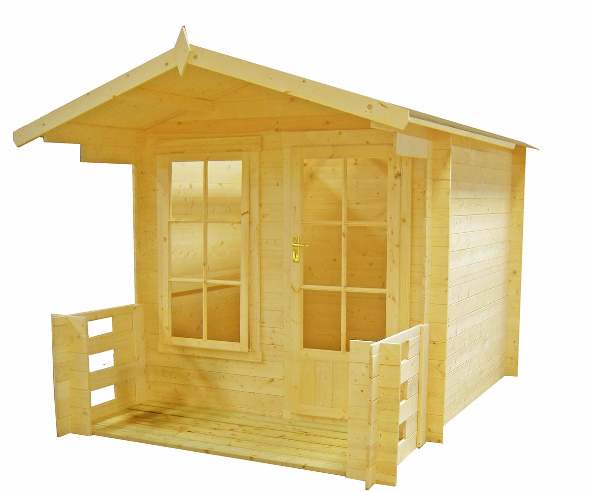 Light wooden log cabin summer house with a sloped roof, double front doors, two windows, and a small porch, measuring 2.4m x 3.2m, featuring 19mm thick timber walls.