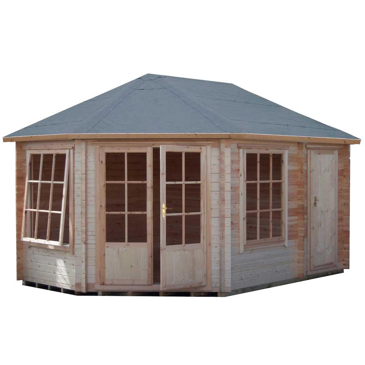 A wooden corner log cabin with 28mm interlock cladding, featuring a grey roof, multiple large windows, double doors, and a natural wood finish.