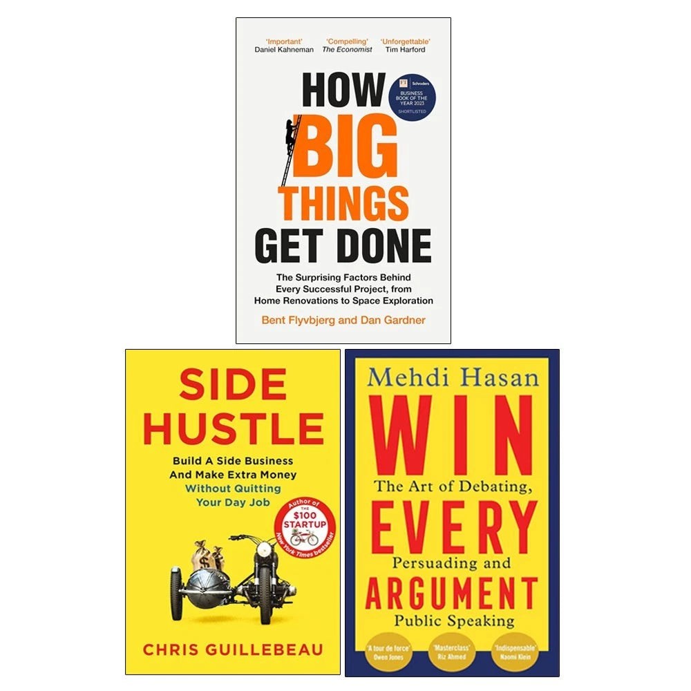 Three book covers stacked: "Side Hustle" in yellow and red, "Win Every Argument" in bright yellow with bold red text, and "How Big Things Get Done" in white with black text and orange accents.