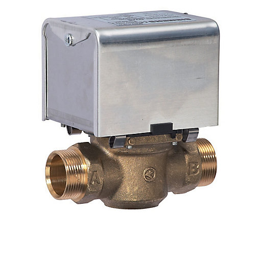 Siemens CZV228 2 Port Zone Valve features a brass body with two threaded ports labeled A and B, topped with a silver metal actuator housing.
