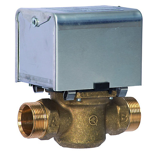 Siemens DVA2/5 actuator with a metallic silver housing and a brass valve body featuring labeled A and B connections for 22mm valves.