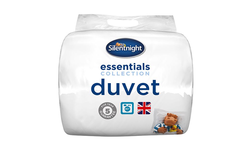 White duvet packaged in clear plastic, labeled "Silentnight Essentials Collection," featuring a 10.5 Tog rating, with a five-year guarantee and a cartoon lion graphic on the side.