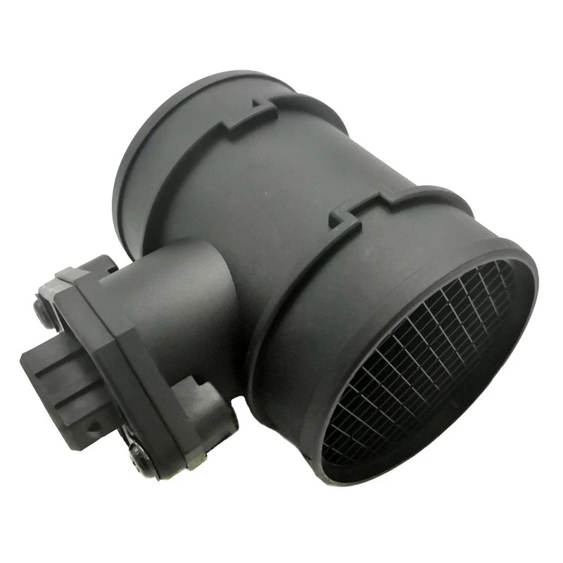 Black plastic car mass air flow meter with a cylindrical shape, featuring a grid-like intake and an attached electrical connector, compatible with Opel Vauxhall models.