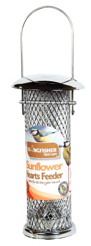 Metal sunflower heart bird feeder with a cylindrical mesh design, silver color, and a curved roof, featuring a prominent label with colorful bird illustrations.