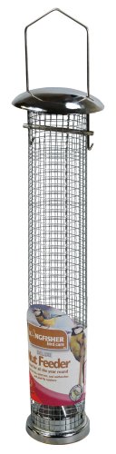 Wire mesh bird feeder with a cylindrical design, silver metal construction, and a removable lid, featuring a colorful label indicating it’s a nut feeder for wild birds.