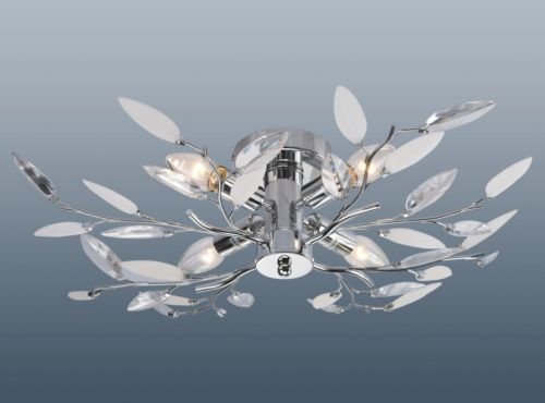 Modern semi-flush ceiling light featuring polished chrome finish with clear and white leaf-shaped accents, designed with a 4-way light arrangement.