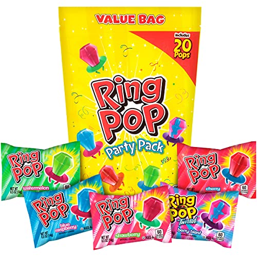 Colorful value bag of Ring Pop lollipops featuring assorted flavors, including watermelon, strawberry, cherry, and mixed fruit, each in vibrant packaging with a ring-shaped design.