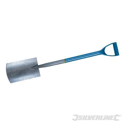 Silverline digging spade with a 1000mm long steel blade, featuring a shiny silver finish and a blue, D-shaped handle for a comfortable grip.