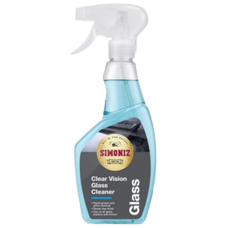 Clear blue spray bottle of Simoniz Glass & Headlight Cleaner, featuring a trigger spray top, labeled with "Clear Vision Glass Cleaner" and a circular Simoniz logo.